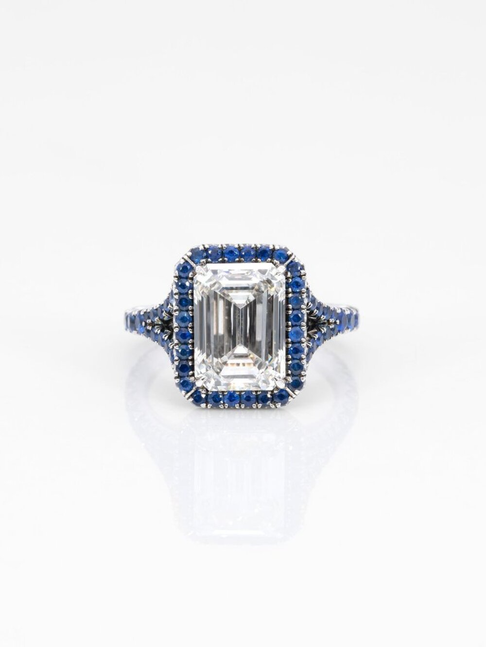 3.65ct Lab Grown Diamond Estate Ring with Blue Sapphire Accents: Platinum